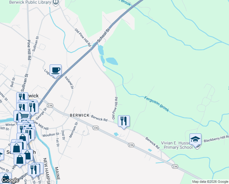 map of restaurants, bars, coffee shops, grocery stores, and more near 39 Old Pine Hill Road in Berwick