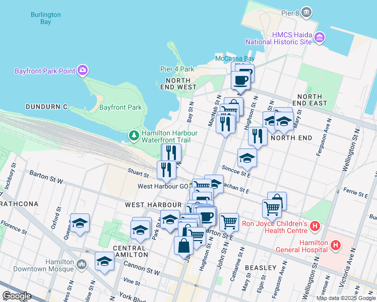 map of restaurants, bars, coffee shops, grocery stores, and more near 366 Bay Street North in Hamilton
