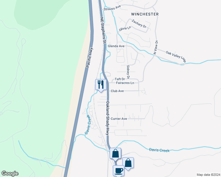 map of restaurants, bars, coffee shops, grocery stores, and more near 116 Club Avenue in Roseburg