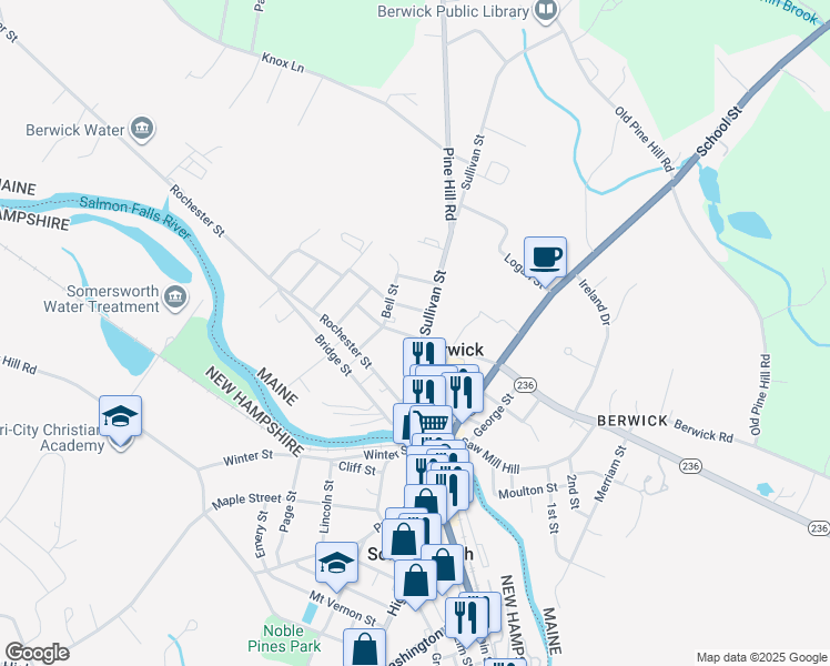 map of restaurants, bars, coffee shops, grocery stores, and more near 35 Sullivan Street in Berwick