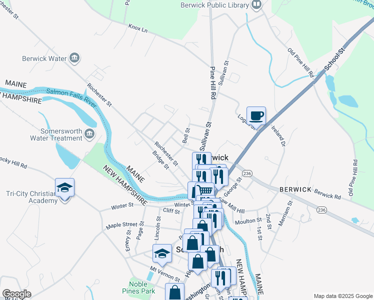 map of restaurants, bars, coffee shops, grocery stores, and more near 16 Jordan Street in Berwick