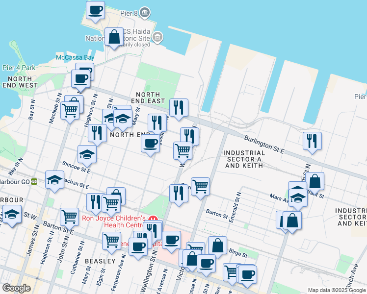 map of restaurants, bars, coffee shops, grocery stores, and more near 509 Wellington Street North in Hamilton