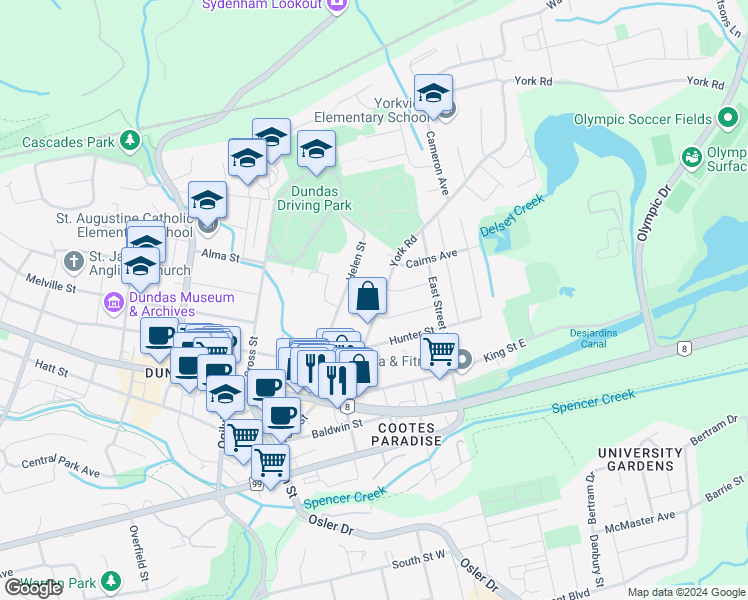 map of restaurants, bars, coffee shops, grocery stores, and more near 105 York Road in Hamilton