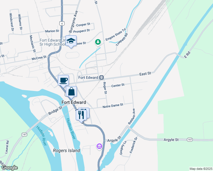 map of restaurants, bars, coffee shops, grocery stores, and more near 5 Roger Street in Fort Edward