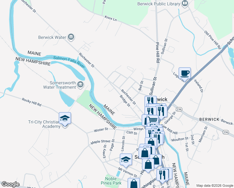 map of restaurants, bars, coffee shops, grocery stores, and more near 51 Bridge Street in Berwick