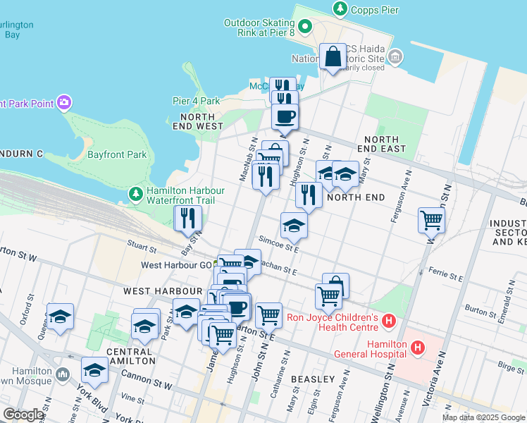 map of restaurants, bars, coffee shops, grocery stores, and more near 468 James Street North in Hamilton