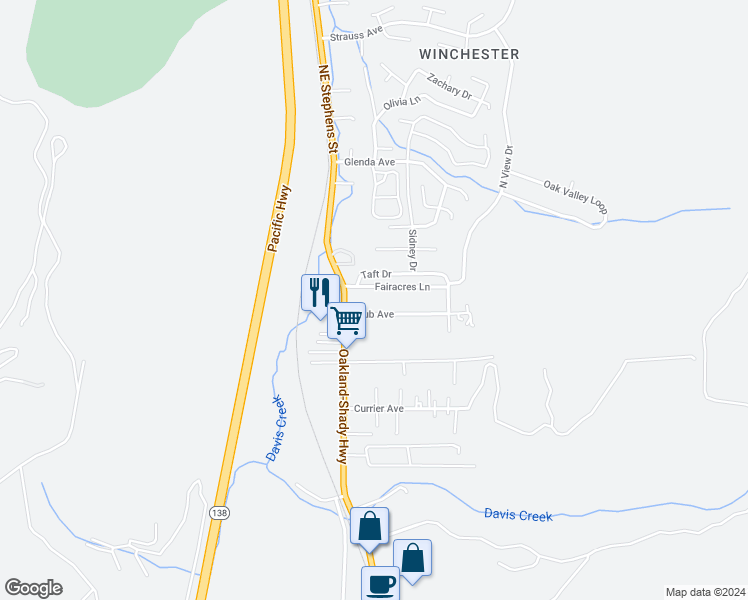 map of restaurants, bars, coffee shops, grocery stores, and more near 137 Taft Drive in Roseburg