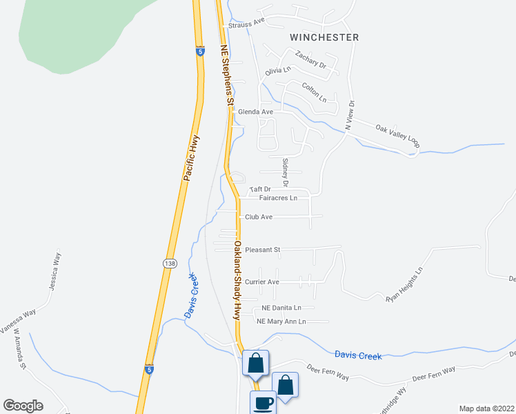 map of restaurants, bars, coffee shops, grocery stores, and more near 137 Taft Drive in Roseburg
