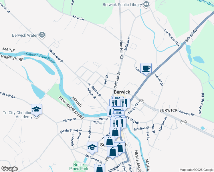 map of restaurants, bars, coffee shops, grocery stores, and more near 16 Jordan Street in Berwick