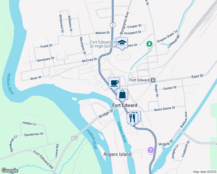 map of restaurants, bars, coffee shops, grocery stores, and more near 161 Broadway in Fort Edward