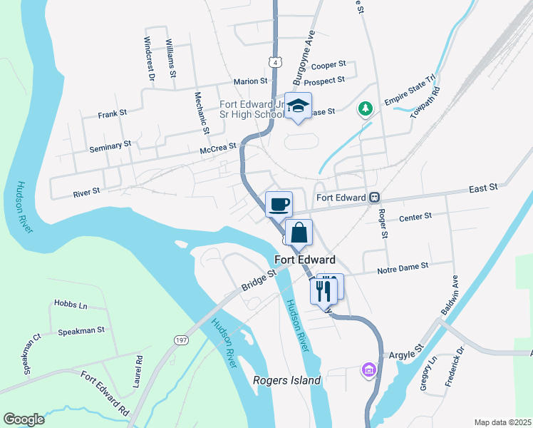 map of restaurants, bars, coffee shops, grocery stores, and more near 161 Broadway in Fort Edward