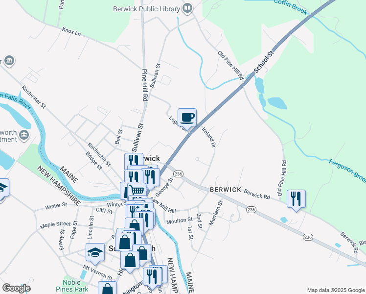 map of restaurants, bars, coffee shops, grocery stores, and more near 62 School Street in Berwick