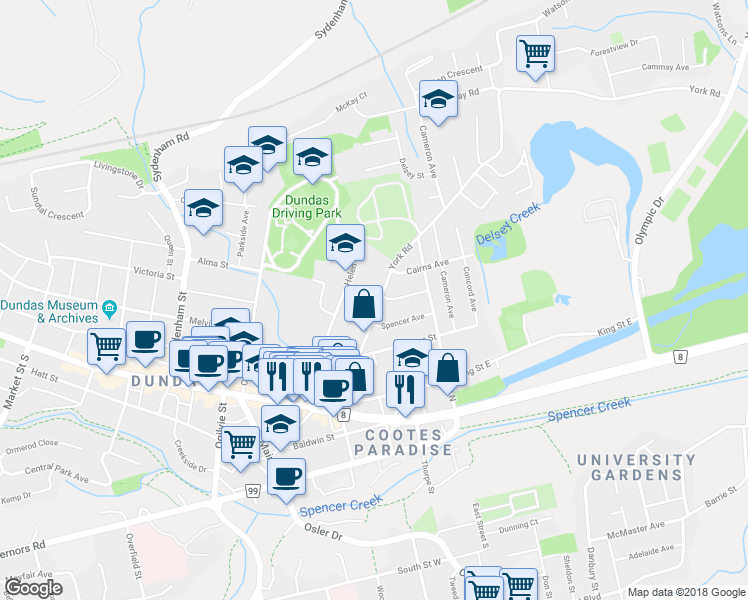 map of restaurants, bars, coffee shops, grocery stores, and more near 105 York Road in Hamilton