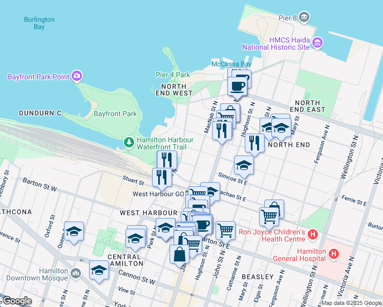 map of restaurants, bars, coffee shops, grocery stores, and more near 47 Ferrie Street West in Hamilton