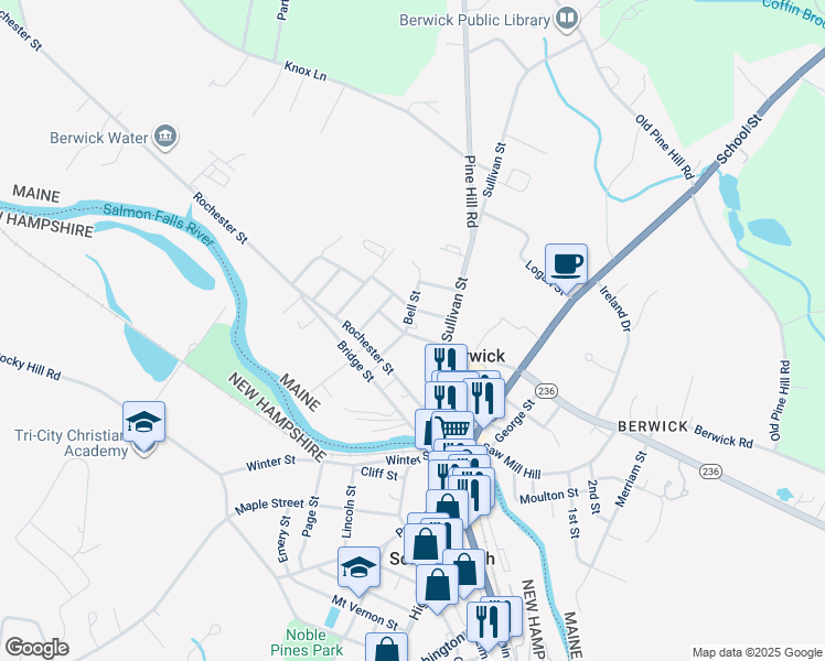 map of restaurants, bars, coffee shops, grocery stores, and more near 16 Jordan Street in Berwick