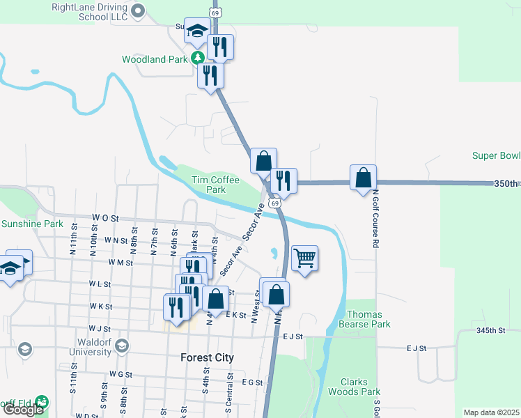 map of restaurants, bars, coffee shops, grocery stores, and more near Secor Avenue in Forest City