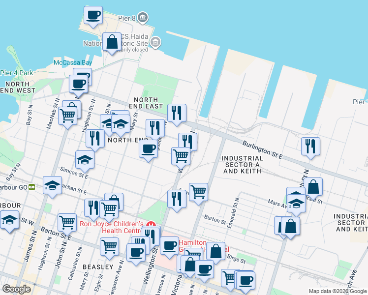 map of restaurants, bars, coffee shops, grocery stores, and more near 509 Wellington Street North in Hamilton
