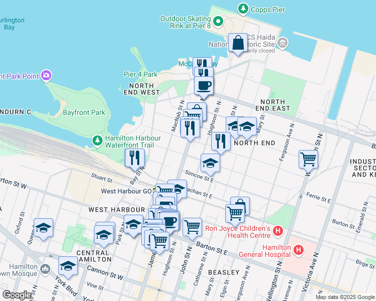 map of restaurants, bars, coffee shops, grocery stores, and more near 474 James Street North in Hamilton