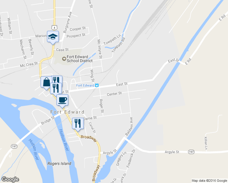 map of restaurants, bars, coffee shops, grocery stores, and more near 27 Center St in Fort Edward