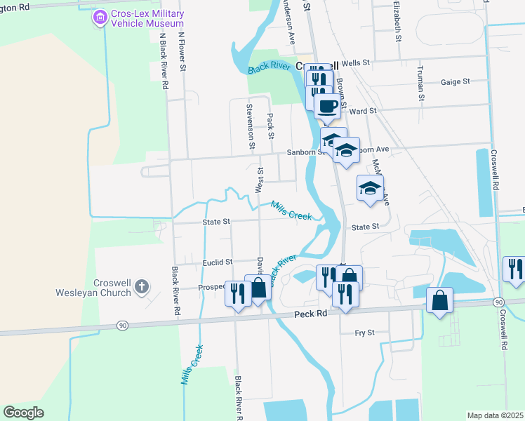 map of restaurants, bars, coffee shops, grocery stores, and more near 37 Davis Street in Croswell