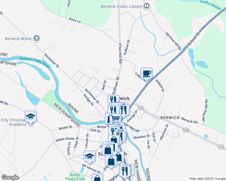 map of restaurants, bars, coffee shops, grocery stores, and more near 35 Sullivan Street in Berwick