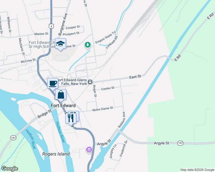 map of restaurants, bars, coffee shops, grocery stores, and more near 27 Center Street in Fort Edward