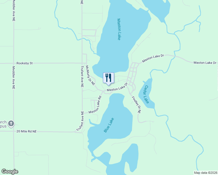 map of restaurants, bars, coffee shops, grocery stores, and more near 12599 Maston Lake Road in Sand Lake