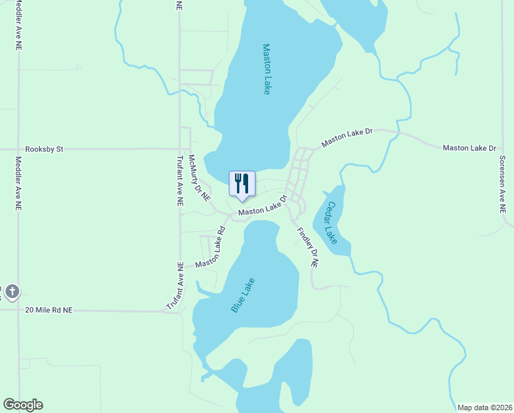 map of restaurants, bars, coffee shops, grocery stores, and more near 12599 Maston Lake Road in Sand Lake
