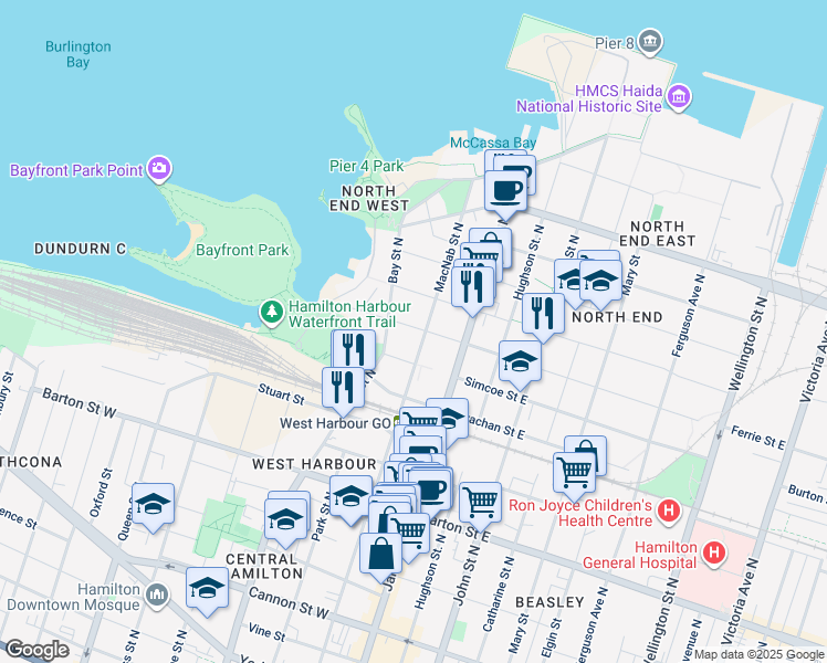 map of restaurants, bars, coffee shops, grocery stores, and more near 39 Ferrie Street West in Hamilton