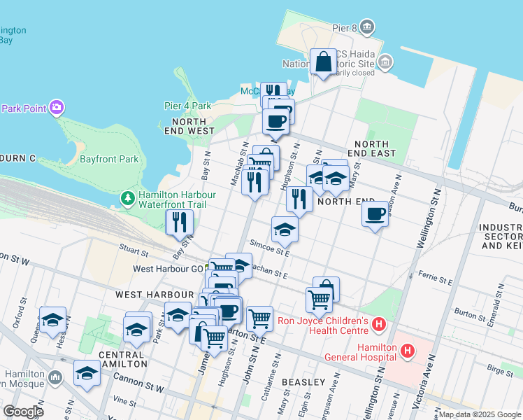 map of restaurants, bars, coffee shops, grocery stores, and more near 484 James Street North in Hamilton
