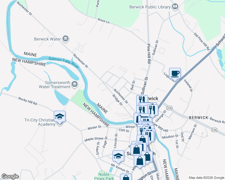 map of restaurants, bars, coffee shops, grocery stores, and more near 51 Bridge Street in Berwick