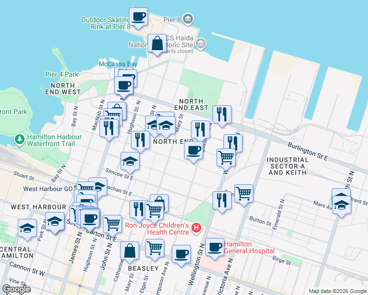 map of restaurants, bars, coffee shops, grocery stores, and more near 142 Macaulay Street East in Hamilton