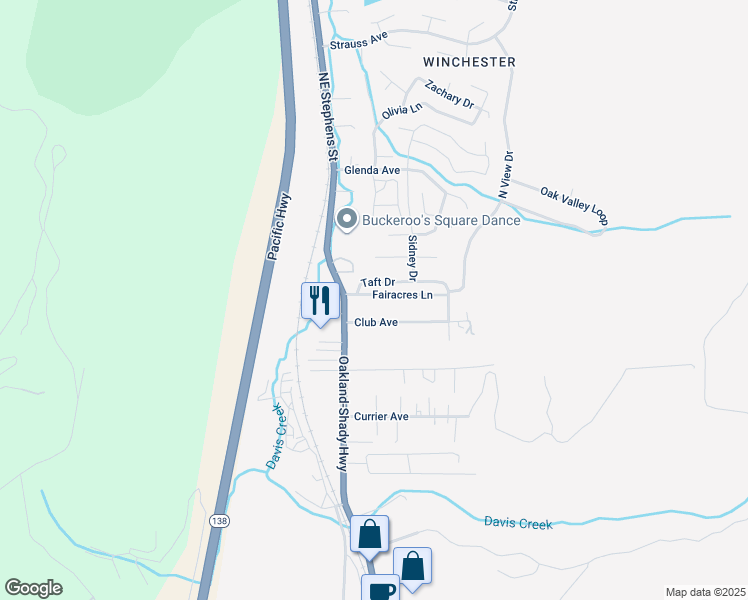 map of restaurants, bars, coffee shops, grocery stores, and more near 135 Taft Drive in Roseburg