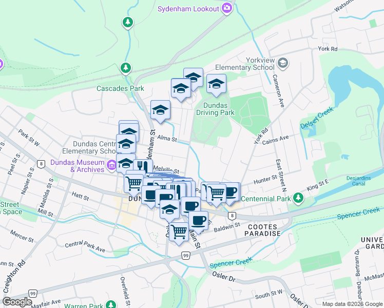 map of restaurants, bars, coffee shops, grocery stores, and more near 53 Cross Street in Hamilton