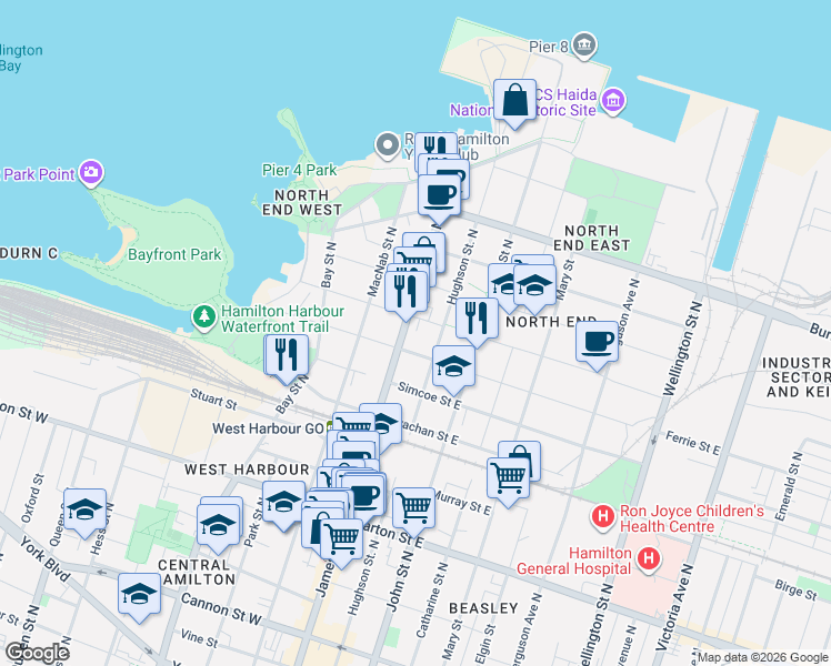 map of restaurants, bars, coffee shops, grocery stores, and more near 482 James Street North in Hamilton