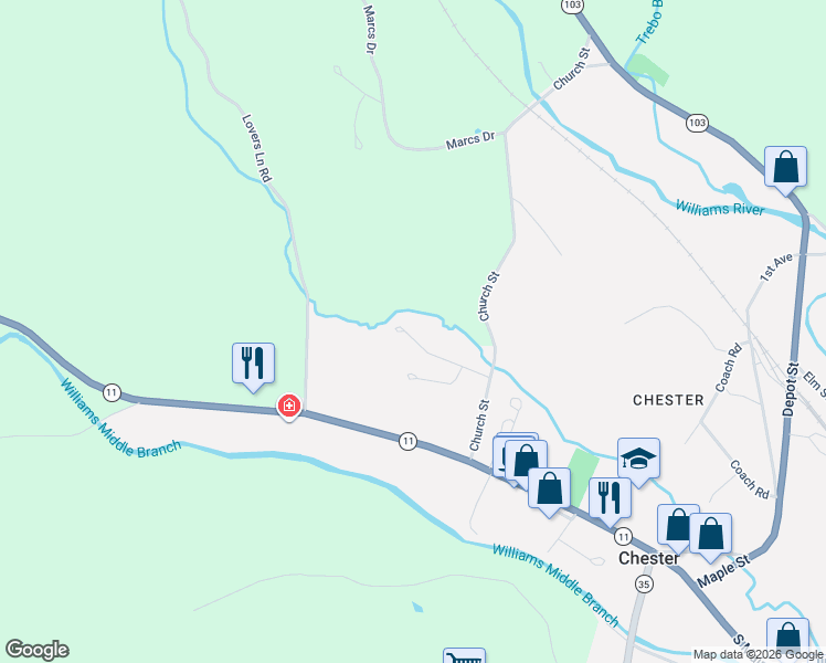 map of restaurants, bars, coffee shops, grocery stores, and more near 176 Meadow Road in Chester