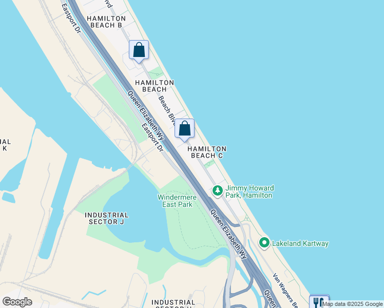 map of restaurants, bars, coffee shops, grocery stores, and more near 204 Beach Boulevard in Hamilton