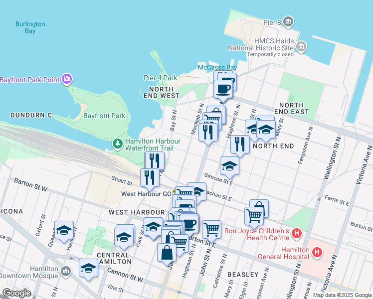 map of restaurants, bars, coffee shops, grocery stores, and more near 375 MacNab Street North in Hamilton
