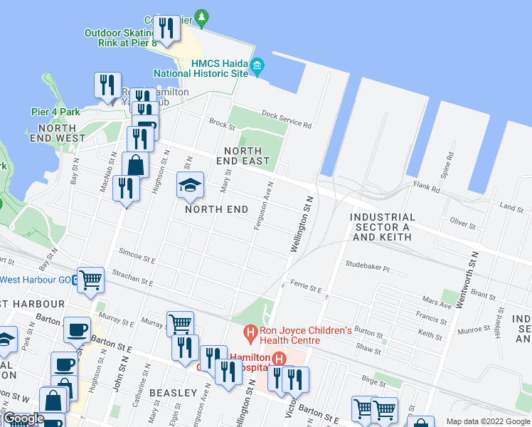 map of restaurants, bars, coffee shops, grocery stores, and more near 494 Ferguson Avenue North in Hamilton