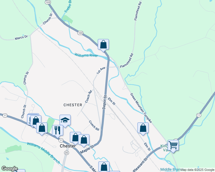 map of restaurants, bars, coffee shops, grocery stores, and more near 641 Depot Street in Chester