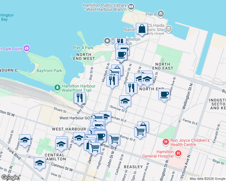 map of restaurants, bars, coffee shops, grocery stores, and more near in Hamilton
