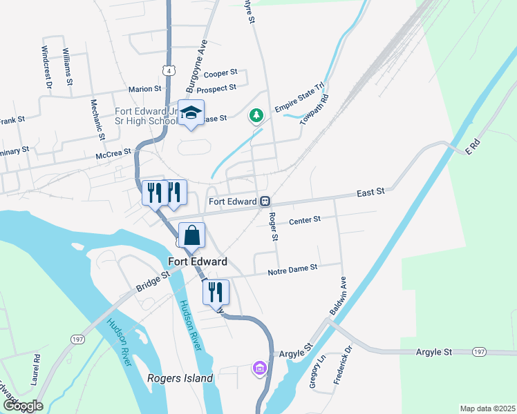 map of restaurants, bars, coffee shops, grocery stores, and more near Wing Street in Fort Edward
