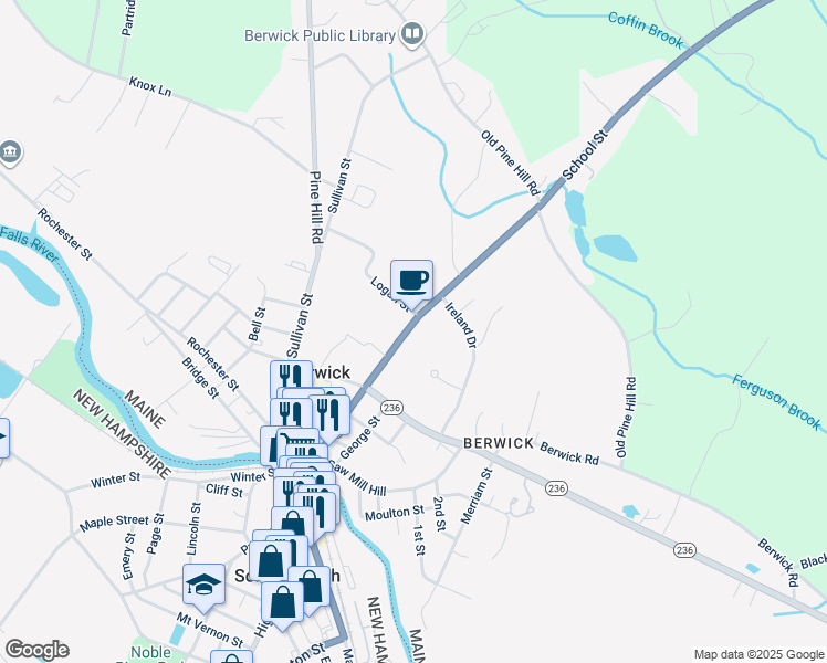 map of restaurants, bars, coffee shops, grocery stores, and more near 62 School Street in Berwick