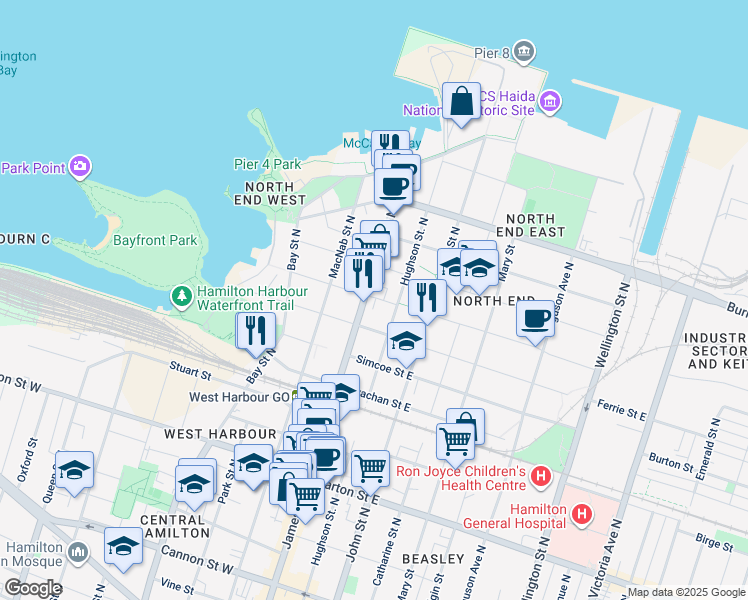 map of restaurants, bars, coffee shops, grocery stores, and more near in Hamilton