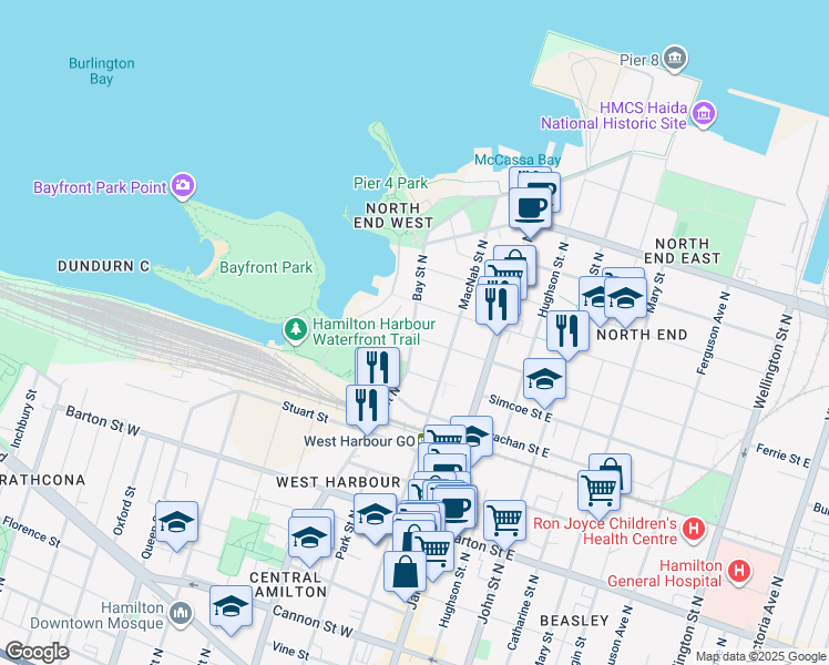 map of restaurants, bars, coffee shops, grocery stores, and more near 394 Bay Street North in Hamilton