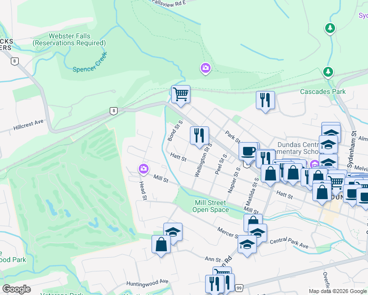 map of restaurants, bars, coffee shops, grocery stores, and more near 30 Brock Street South in Hamilton
