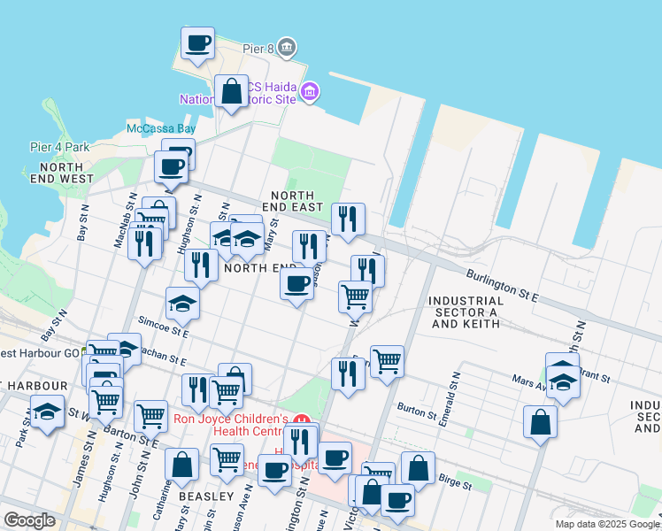 map of restaurants, bars, coffee shops, grocery stores, and more near 196 Wood Street East in Hamilton