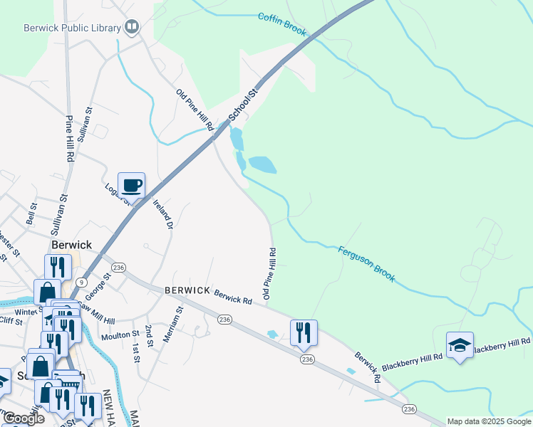 map of restaurants, bars, coffee shops, grocery stores, and more near 39 Old Pine Hill Road in Berwick