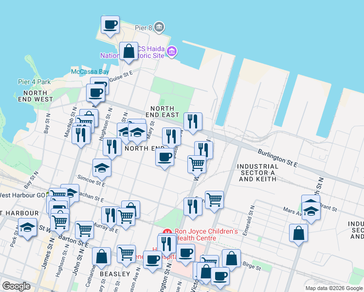 map of restaurants, bars, coffee shops, grocery stores, and more near 192 Wood Street East in Hamilton