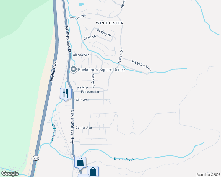 map of restaurants, bars, coffee shops, grocery stores, and more near 187 North View Drive in Roseburg